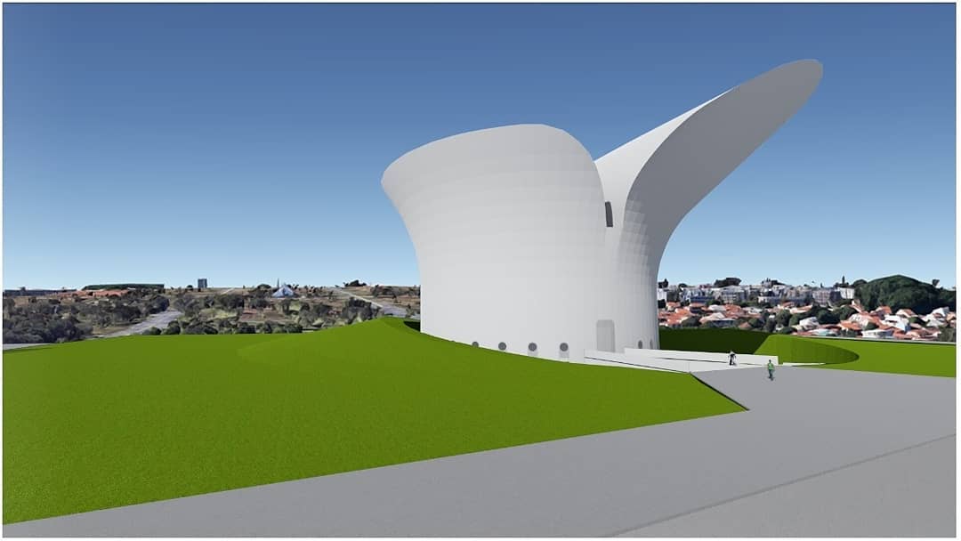 Com coautoria de Oscar Niemeyer e seu bisneto, Paulo Sérgio Niemeyer, o projeto arquitetônico do Museu da Bíblia expõe a aparência do local que deve receber cerca de 100 mil visitantes anualmente, em Brasília. (Imagem: reprodução / Instituto Niemeyer)