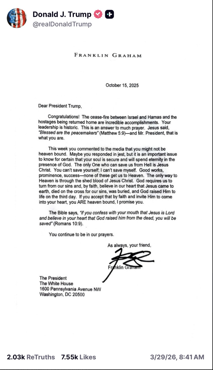 Original do que Franklin Graham escreveu a Donald Trump