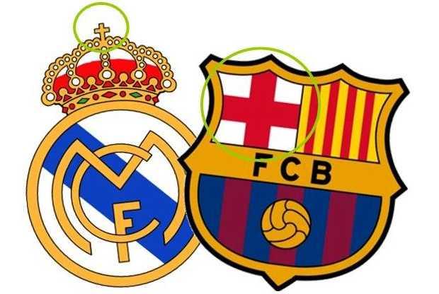 Emblemas do real Madrid e Barcelona com as respetivas cruzes
