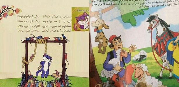 Página de livro infantil iraniano que mostra o enforcamento de um gato e um cão